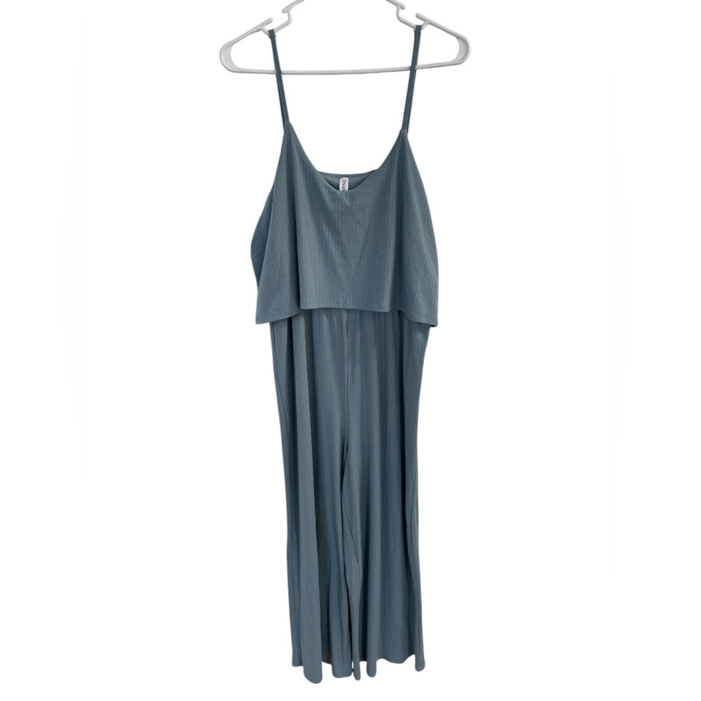 Zenana Slate Blue Ribbed Sleeveless Wide-Leg Romper | Women’s Size L